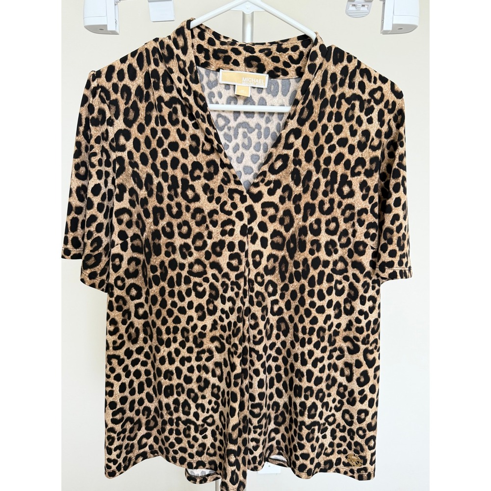 Michael Kors Top Women Brown Leopard Print V-Neck Short Sleeve Blouse Jersey